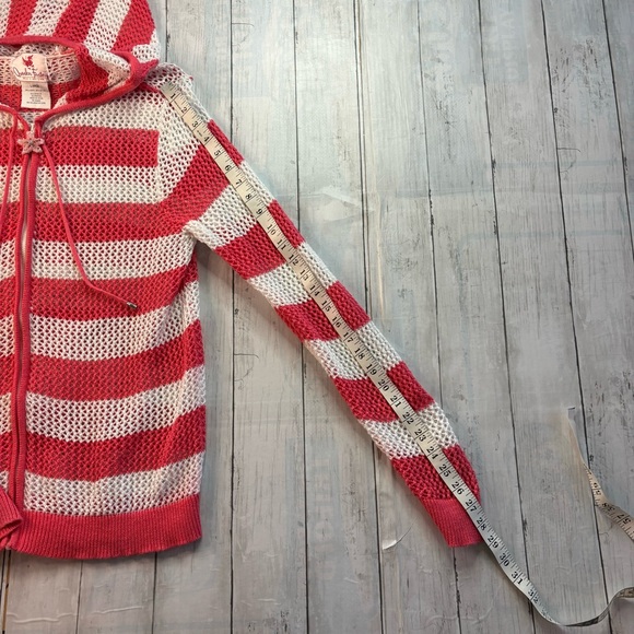 Quacker Factory Zip Up Hooded Mesh Jacket Beach Cover Up Sz L Pink White Stripe - Picture 9 of 11